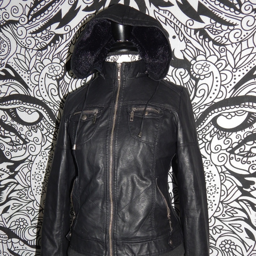 Black pleather detachable hood jacket with fur